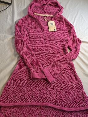 Paradise Shores Bright Pink Open Knit Hooded Sweater With Hoodie for the Beach M